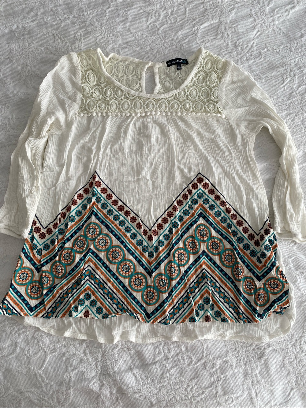 My Michelle White Boho Crochet Yoke Tunic with Teal and Rust Print